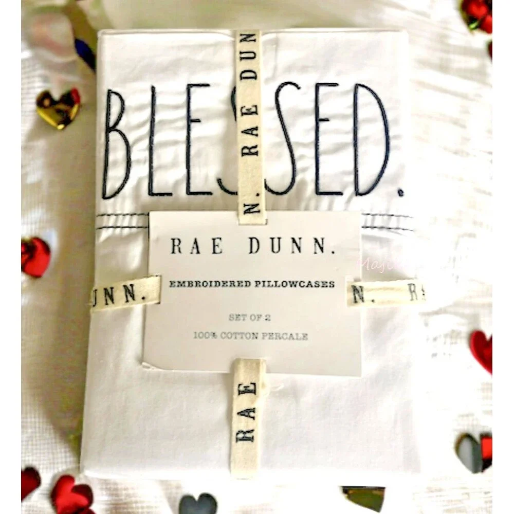 Rae Dunn Blessed Pillowcases Set of 2 Embroidered Standard White Cotton Percale